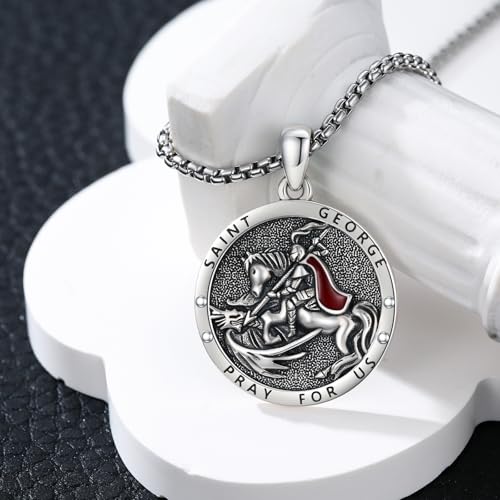 Saint George Necklace 925 Sterling Silver Saint Medal Chain Protect Us Amulet Jewelry Gift for Men Women with 2.5mm 22+2 inch Rolo Chains