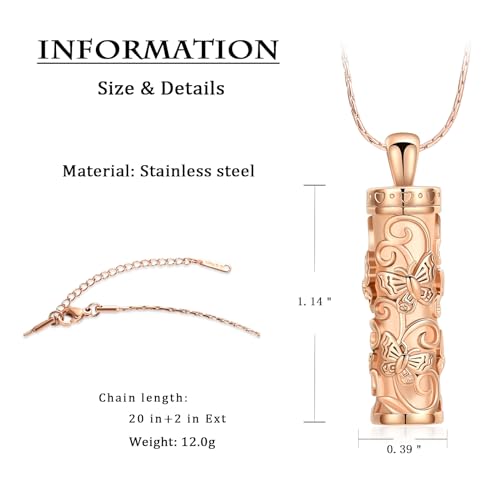Butterfly Cylinder Urn Necklace Cremation Ashes Jewelry for Women Men Rose gold