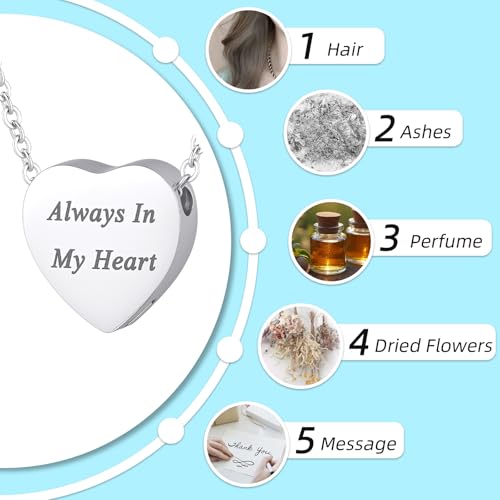 Heart Cremation Urn Necklace for Ashes for Women Men Cremation Locket Jewelry with Keepsake Urn Memorial Ash Jewelry Silver-Always In My Heart