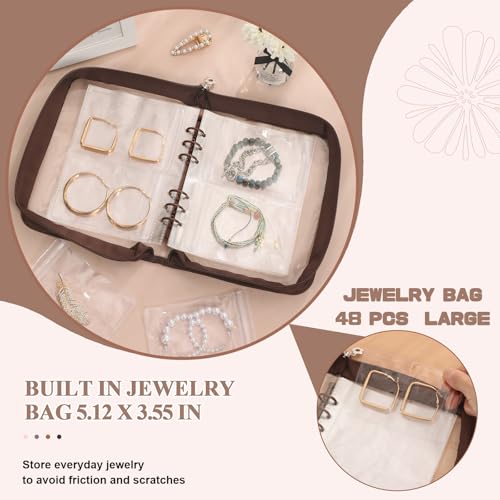Jewelry Storage Book Transparent Earring Organizer Book travel jewelry organizer Book for Earrings Necklace Bracelet Ring, Brown Brown jewelry book + Large jewelry bags 48 PCS