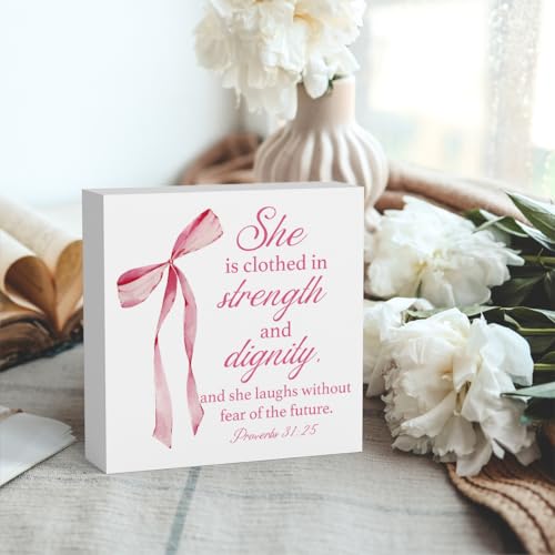 Pink Christian Bible Verse Decor, Pink Coquette Bow Room Decor, Christian Gifts for Women, Wooden Box Decor for Home Bedroom Girls Dorm Apartment-She is Clothed in Strength and Dignity Proverbs 31: 25