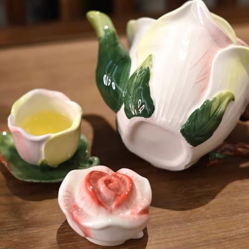 Ceramic Mini Rose Tea Pot Set, 3D Hand-painted Flower Cup and Leaves Saucer, Set of 5