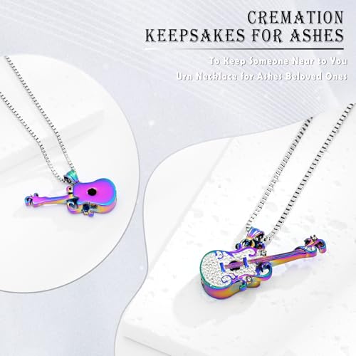 Guitar Cremation Jewelry for Ashes Stainless Steel Urn Necklace for Ashes Musical Instrument Memorial Pendant Keepsake Jewelry Music Guitar Urn Necklace for Women Men rainbow