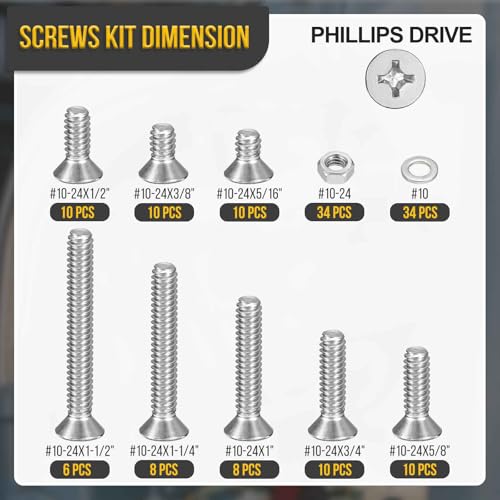 DTGN #10-24 Phillips flat head bolt, nut and washer kit, 304 stainless steel, 140-piece assortment