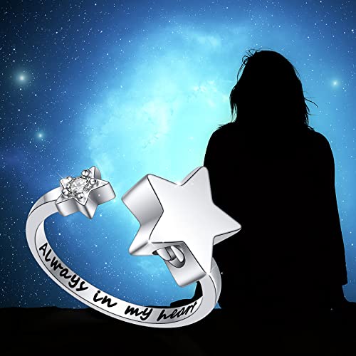 S925 Sterling Silver Star Cremation Urn Ring Always In My Heart Memorial Ashes Keepsakes Adjustable Open Thumb Finger Ring Memorial Day Jewelry for Women Stars Urn 9