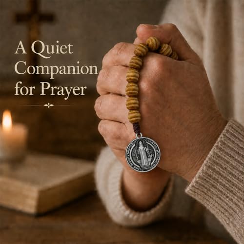 8 Inch Wooden Pocket Rosary for Men, Rosario with Saint Benedict Medal Black