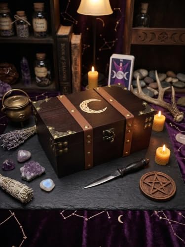 Crescent Moon Engraved Wooden Storage Box with Velvet Lining – Celtic Altar & Keepsake Chest for Crystals, Tarot & Witchcraft Supplies