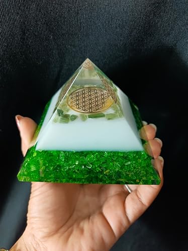Moldavite Orgone Pyramid – Energy Generator for Healing, Meditation – Spiritual Crystal Decor with Copper, Quartz, Chakra Stones – Reiki Tool & Gift