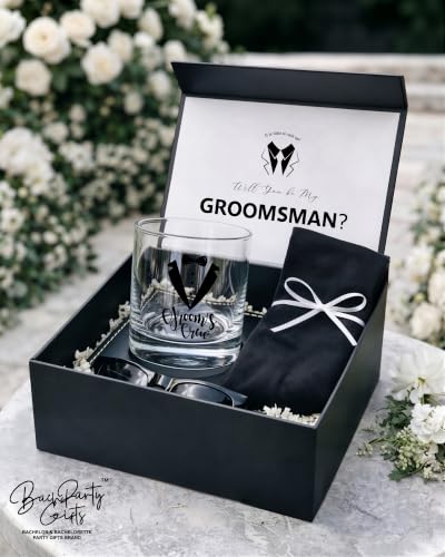 Set of 6 Engraved Whiskey Glasses for Groomsmen Gifts – 1 Groom + 5 Groom's Crew Rocks Glasses with Leather Coasters & Gift Boxes for Wedding, Bachelor Party Favors