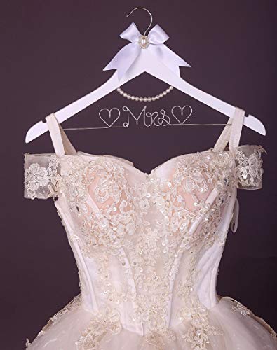 White Solid Wood Bridal Dress Hanger with Lady Wire Lettering for Bridal Wedding Party Gift (Silver Thread and Pearl Chain White Hanger) White,silver