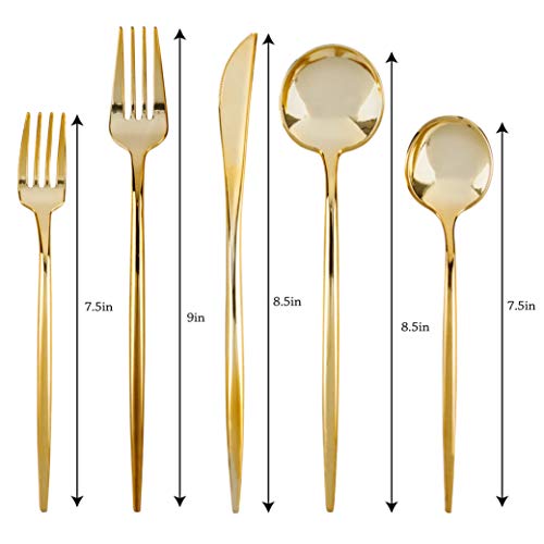 PlasticPRO luxury gold disposable flatware set with 16 place settings, includes 80 pieces of modern plastic cutlery for dining.