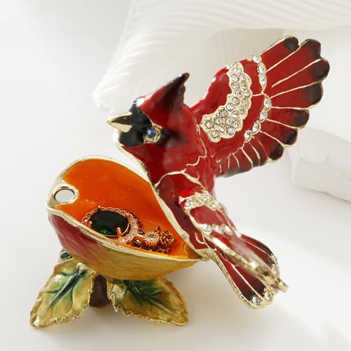 Hand Painted Enamel Cardinal Trinket Box for Home Decor, Unique Keepsake Collectible Figurine Jewelry Organizer Storage, Personalized Elegant Handmade Statue Decorative Ornament Gifts (Red Cardinal) Red Cardinal