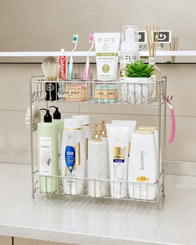 YQh 2-Tier Bathroom Storage Organizer Rack, Stainless Steel Shower Caddy, Counter and Vanity Shelf 2-Tier Storage Rack