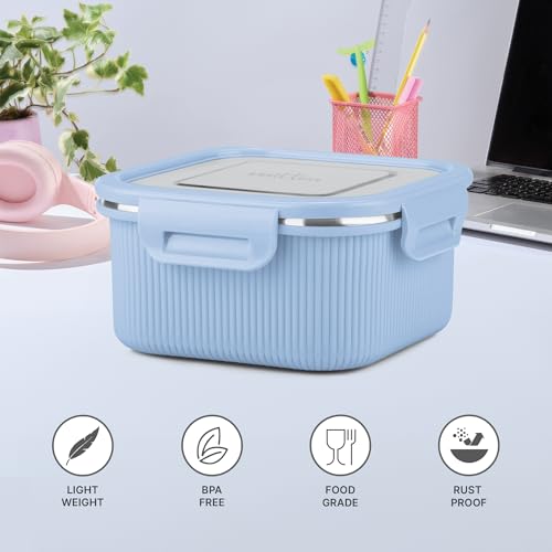 MILTON Cool Touch Square 800 Stainless Steel Container, 780 ml, Blue, Microwave Safe, Food Grade, BPA Free, Refrigerator Safe