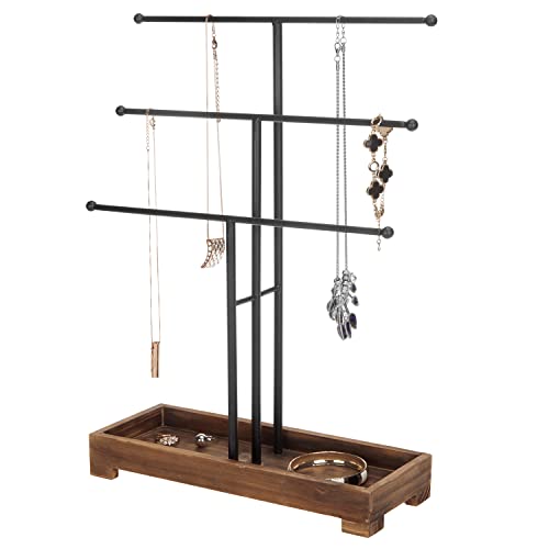 MyGift 3-Tier Black Metal T-Bar Jewelry Organizer Stand, Necklace and Bracelet Hanging Display with Brown Wood Ring Tray Black / Brown