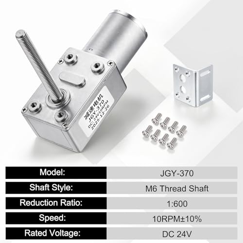 sourcing map JGY-370 24V 10RPM DC Worm Gear Motor M6 Thread Shaft High Torque Turbine Worm Gear Box Reducer Electric Motor with Fastener L-Shaped Bracket for Ovens, Projectors