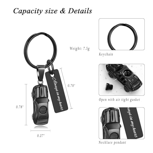 XSMZB Mini Car Cremation Jewelry Memorial Urn Necklace for Ashes Stainless Steel Pendant Human Pet Ashes Holder Keepsake Gift for Men Women Black Keychain