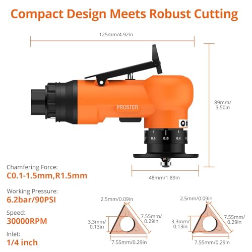 Proster Pneumatic Chamfering Tool 30000 RPM - 45° Air-Powered Chamfering Machine 1/4 Inch Air Inlet Air Chamfer Tool with 12 C-Angle & 10 R-Angle Blades, for Chamfer, Metal, Wood, Trimming, Deburring