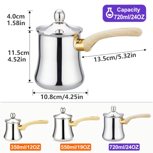 SANQIAHOME Quality Turkish Coffee Pot Set, 720ml(24oz),Coffee Maker, Chai Pot, Arabic,Briki Greek Coffee Pot, Coffee Warmer and Butter Melting Pot, Coffee Cezve silver 720ml(24oz)