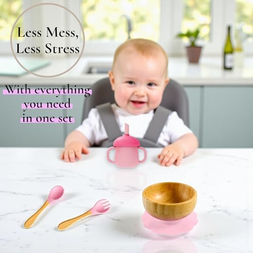 Bamboo Suction Plate and Bowl Set for Babies 7 Feeding Essentials Baby Led Weaning Supplies BPA Free Eco-Friendly (Pink) Pink