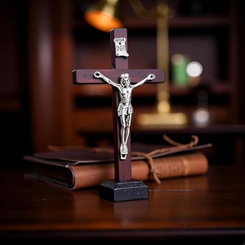 Mozff Wall and Table Wood Cross Crucifix, Crucifix Wall Cross Wooden Catholic Cross With Stand Religious Christian Standing Church Home Ornaments For Prayers