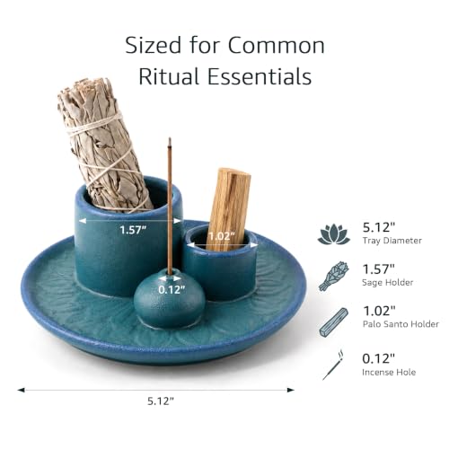 4 in 1 Ceramic Incense Holder, Palo Santo Stick Holder, Sage Holder for Burning, 5.2" Ash Catcher Tray for Meditation, Yoga & Home Decor (Blue) Blue