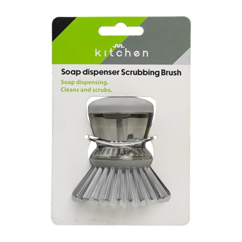 JVL Cleaning Caddy Set with Soap Dispensing Dish Brush, Scrubbing Brush, Microfibre Cloth, Microfibre Cleaning Mitt & 3 in 1 Window Squeegee Household Cleaning Kit Caddy Cleaning Set