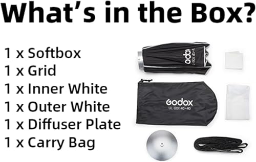 Godox 16" Small Square Softbox Quick Release, UL 40x40cm Universal Bowens Mount Soft Box Fast Setup for Studio Photography, Streaming, Video Lights with Diffusers/Honeycomb Grid/Diffuser Plate 40x40cm /16"