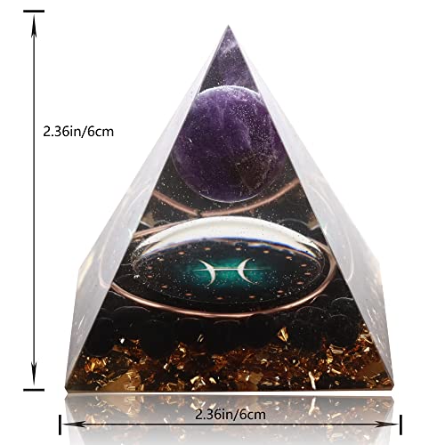 12 Zodiac Orgone Crystal Pyramid, Natural Amethyst with Obsidian,Healing Crystals Pyramid for Protection Chakra, Unique Constellation Pyramid for Positive Energy, Healing Money Health(Pisces) Pisces