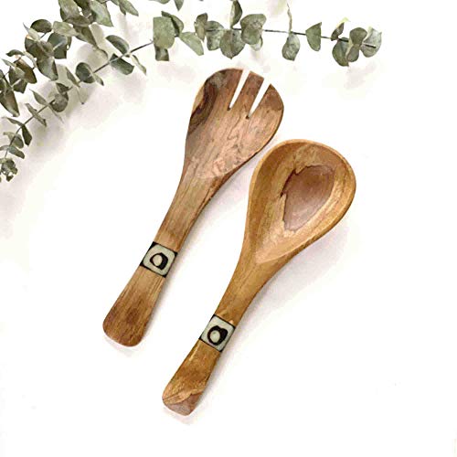 Global Crafts Small 8-inch Olive Wood Kenyan Salad Servers with Bone Inlay, Set of 2 (KWF009I)