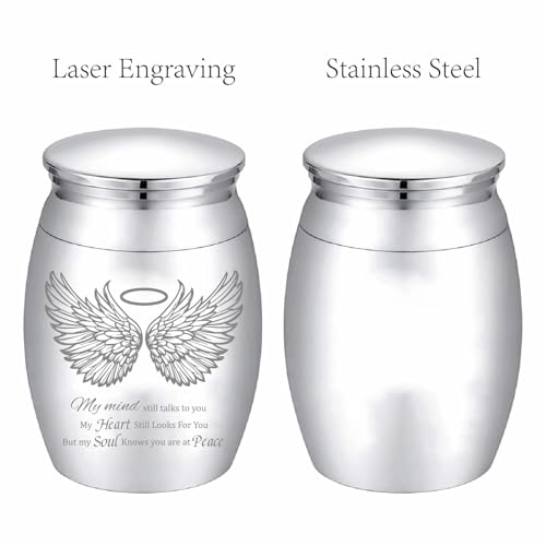 CREATCABIN Angel Wings Engraving Small Keepsake Urn, Stainless Steel, Angel Wings Pattern, Mini Cremation Urn, Memorial Ashes Preserve for Human & Pet Ashes, Waterproof, Decorative Commemorative Gift