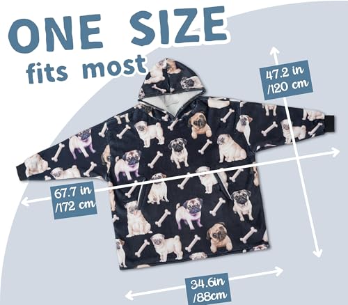 Huglanket Pug Gifts Wearable Blanket Hoodie, Oversized Wearing Blanket for Pug Lovers - Watercolor