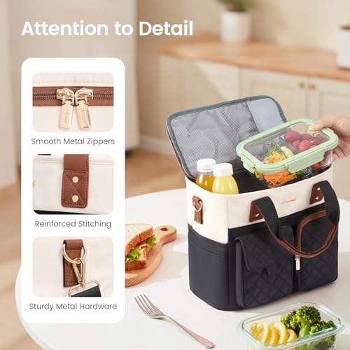 LOVEVOOK Insulated Lunch Box for Women,Large Adult Lunch Cooler Bag Women Black/White/Brown - Quilted Stitch 18L (Extra Large)