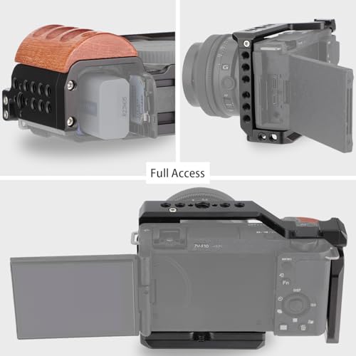 Leftfoto Upgrade Metal Cage with Wood Handle for Sony Alpha ZV-E10 Video Shooting Accessories, Cold Shoe Mic/Light Extension Video Cage Filming Vlog Camera Kit