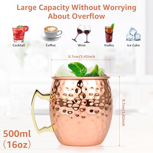 Moscow Mule Mugs Set of 2, 16 oz Hammered Copper Cups with Gold Brass Handles, Large Capacity Cups Gifts Perfect for Cold Drinks, Beer, Cocktail, Wine, Bars(16oz) (Pack of 2) 16oz (Pack of 2)