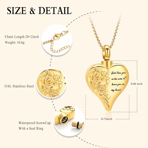 Oinsi Heart Urn Necklace Cremation Jewelry for Ashes Rose Flower Love Heart Ashes Keepsake for Women Men Pendant Memorial Locket Ash Holder Gold