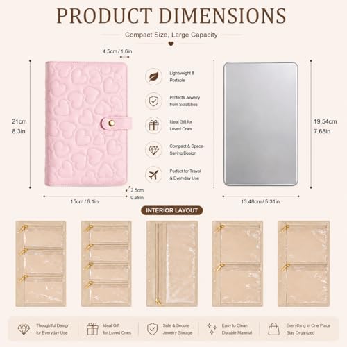 Cream White Jewelry Organizer Case for Women & Girls,Portable Book-Style Jewelry Storage Binder with Clear Zipper Velvet Pouches for Bracelet, Necklace, Earring, Ring, Cute Hearts Jewelry Holder Cream White
