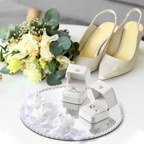 Liliaafar Wedding Mirror Tray with 2 Pcs Ring Boxes, Pearl Roses White