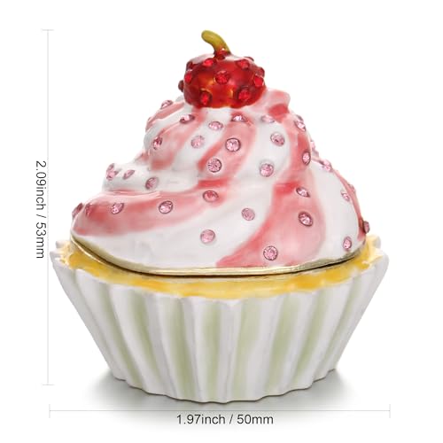 Hand Painted Enamel Cupcake Trinket Box, Hinged Jewelry Organizer Storage, Unique Home Decor Figurine Keepsake Collectible, Personalized Handmade Decoration Ornament Gifts (Pink Cupcake-Cherry) Pink Cupcake-Cherry