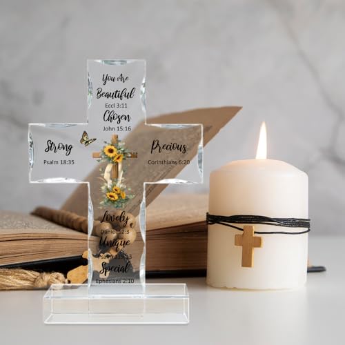 WEBEEDY Bible Verse Sunflower Catholic Cross Decor Acrylic Standing Cross with Base, Religious Gifts for Women Men Biblical Verse Catholic Cross Statue for Memorial Gift Home Office Decor, 10x15cm