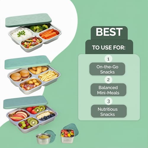 Stainless Steel Lunch Box for Kids 5 and Older – 3 Pieces Stainless Steel Bento Box with 4 Compartments & 2 Snack Containers – Leak Proof, BPA-Free, Eco-Friendly, Dishwasher Safe & Durable – Green