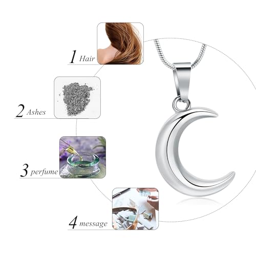 Memorial Jewelry Crescent Moon Urn Necklace, Stainless Steel Memorial Keepsake Jewelry for Ashes Pendant, Fill Kit Included, Unisex