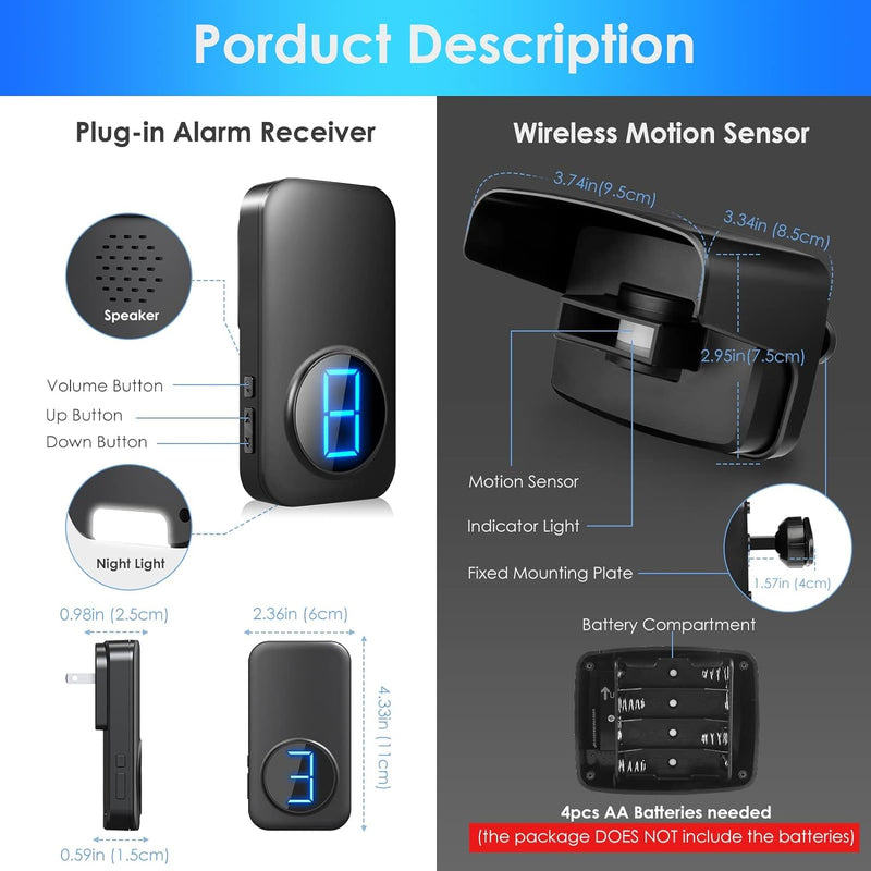 [Australia - AusPower] - Driveway Alarms Wireless Outside Weatherproof Battery Powered,Motion Sensor Detector Security Alert System,Long Range 500ft,58 Chimes,5 Level Volumes (BLACK) 2 Motion Sensors + 1 Receiver + 1 Button 