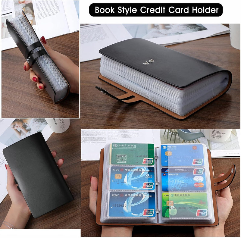 RFID Credit Card Holder, Leather Business Card Organizer with 96 Card Slots, Credit Card Protector for Managing Your Different Cards and Important Documents to Prevent Loss or Damage (Black) Black
