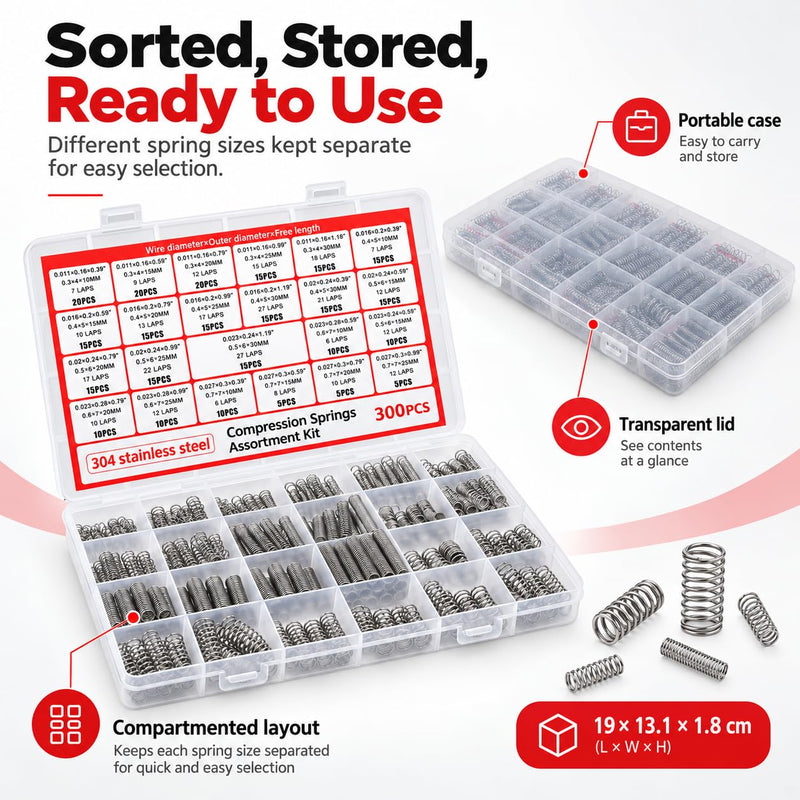 Set of 300 stainless steel compression springs in 23 sizes for DIY repair and mechanical projects, arranged in a organized assortment kit.