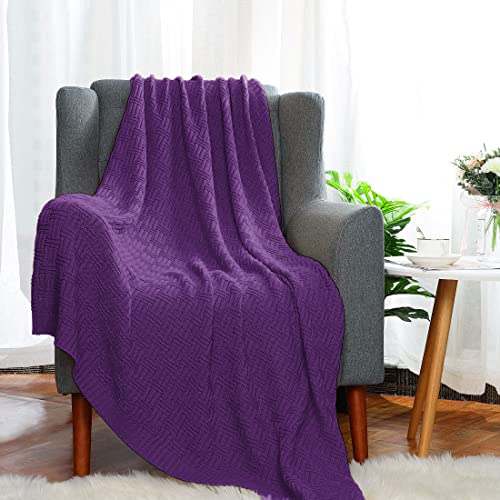 uxcell 100% Cotton Cable Knit Throw Blanket,Soft Lightweight Lap Blanket,Textured Solid Sofa Throw Couch Cover Decors Knitted Blankets, Grape 50"x 60" Throw (50" *60")