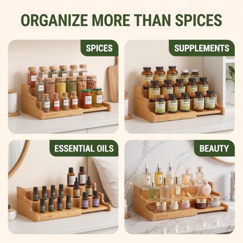 2 Pack Spice Rack, 22" Extra Long Kitchen Pantry Organizer, 3-Tier Expandable Bamboo Wooden Rack Organizer for Cabinet - Multi-purpose Cupboard Storage Organizer Bamboo 2Pack