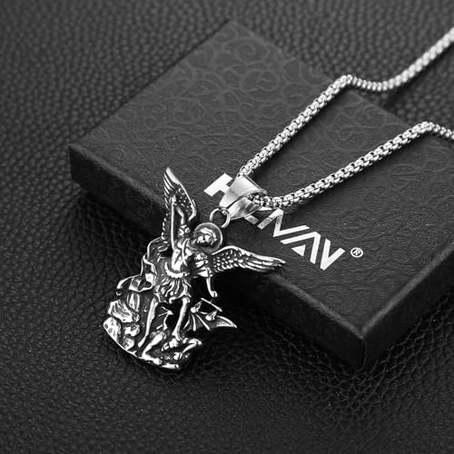HZMAN Saint Michael Necklace, Stainless Steel St Michael the Archangel Pendant Amulet for Men Women Gift Silver