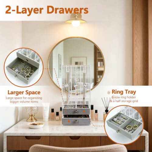 DOZZZ Acrylic Jewelry Organizer Box with 5 Drawers for Women, Clear Earring Holder Storage Display Stand Rack for Rings Necklace Bracelet 5 Layers