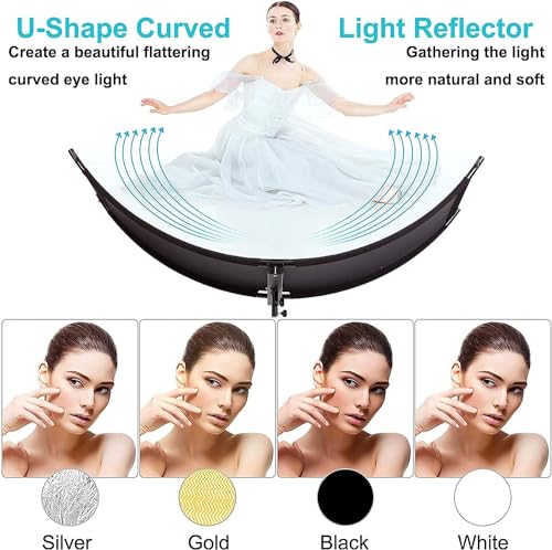 Clamshell Light Reflector Diffuser with Carrying Bag, 40"x20"/100x50cm Photography Arclight Curved Lighting Reflector for Photo Video Studio Outdoor Shooting, Black,White,Gold,Silver (40"x20") 40"x20"